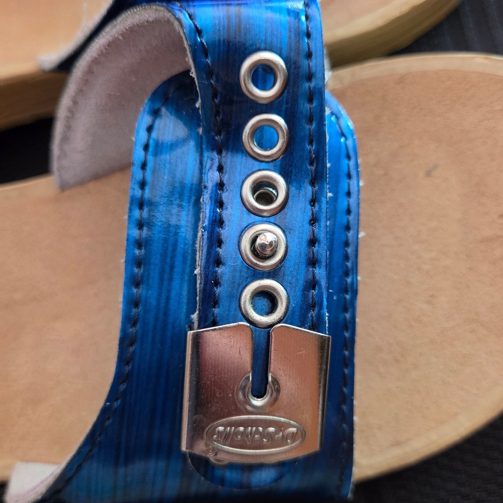 Dr Scholls Sandals Women Size 8.5 Blue Metallic Wooden Buckle Slides - Picture 9 of 9
